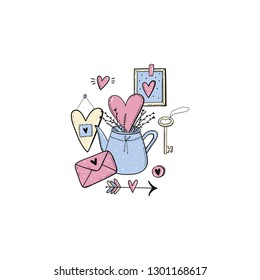 Hand drawn abstract doodle set with hearts, flowers, gift, home, decor elements. Romantic mood design. Valentine's Day - print