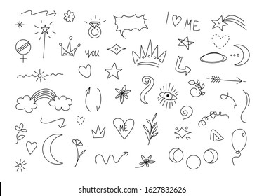 Hand drawn abstract doodle set. Vector line black stars, hearts, crowns and flowers, modern outline illustration on isolated background