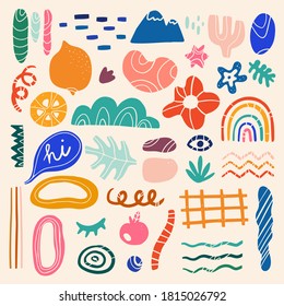 Hand drawn abstract doodle shapes and objects. Contemporary art with trendy elements in modern freehand style