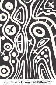 Hand drawn abstract doodle vector with bold black lines, circles, crosses, and organic wave shapes, perfect for backgrounds and design projects.
