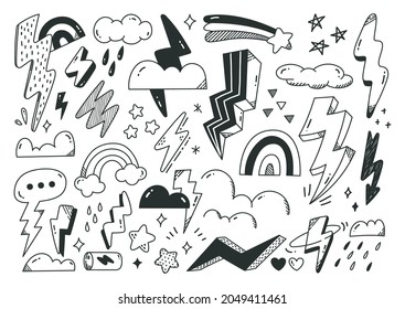 Hand drawn abstract doodles of lightning bolt, cloud and star, vector design element