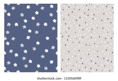 Hand Drawn Abstract Dots and Flower Vector Pattern Set. White, Blue and Grey  Irregular Scattered Flowers and Dots. Blue and Grey Background. Simple Infantile Style Irregular  Vector Patterns.