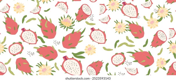 Dibujado a mano patrón abstracto de la fruta del dragón con partes de plantas y comida en rodajas. Patrón inconsútil para la materia textil, papel de embalaje, carteles. Texturas de moda.