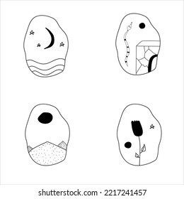 Hand drawn abstract drawings, suitable for a logo or tattoo. trendy minimalist style 2022. objects isolated. hemes day, night, desert, snake