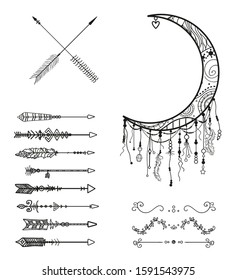 Hand drawn abstract elements. Abstract decor symbols. Set of different objects. Black and white illustration