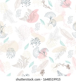 Hand drawn abstract exotic leaves seamless pattern. Hand drawn tropical summer background: Ginkgo leaves, Banana leaves,fern , squiggles, dots. Vector art illustration in pastel colors.