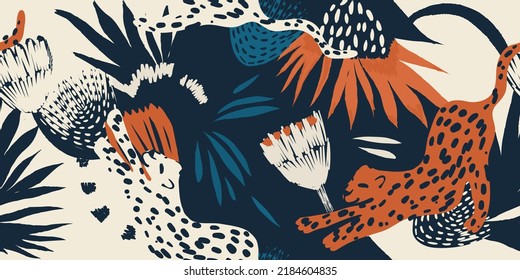 Hand drawn abstract exotic pattern with leopards. Ethnic style collage contemporary seamless pattern. Fashionable template for design.