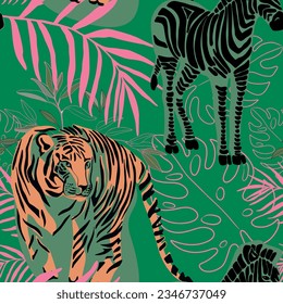 Hand drawn abstract exotic pattern with tiger and zebras. Seamless pattern.
