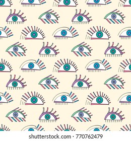 Hand drawn abstract eyes pattern. Colorful sight seamless vector background. Modern texture for wallpaper, wrapping paper, textile design, surface, fabric.