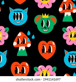 Hand drawn Abstract faces, hearts, mushroom, flower. Funny cute Comic characters. Hand drawn Vector illustartion. Cartoon style. Flat design. Square Seamless Pattern. Background, wallpaper