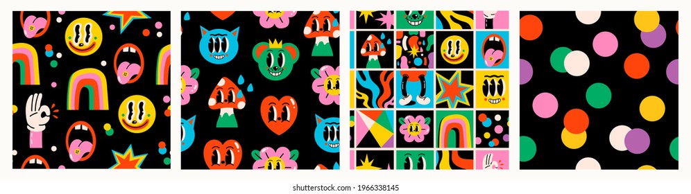 Hand drawn Abstract faces, hearts, mushroom, flower, funny cute Comic characters. Hand drawn Vector illustartions. Cartoon style. Flat design. Set of Square Seamless Patterns. Backgrounds, wallpapers