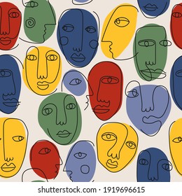 Hand drawn abstract faces in line art style, seamless pattern background, modern minimalism art, aesthetic contour