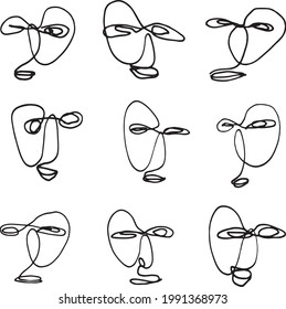 Hand drawn abstract faces, one line art. Vector illustration for fabric und textile design, wallpaper, packaging, interior, decoration.