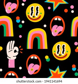 Hand drawn Abstract faces, rainbow, mouth, hand, dots. Funny cute Comic characters, icons. Hand drawn Vector illustartion. Cartoon style. Flat design. Square Seamless Pattern. Background, wallpaper