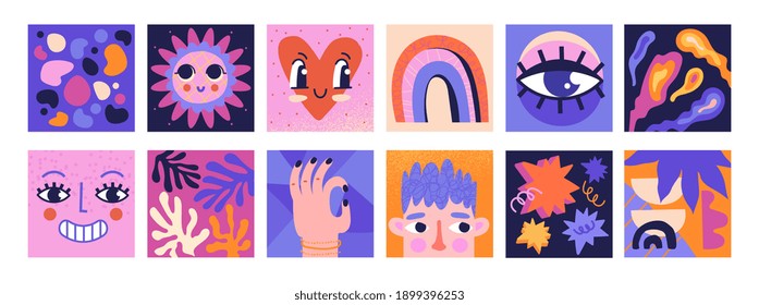 Hand drawn abstract faces, shapes and symbols. Funny cute comic characters. Square Posters, Avatars, logo Templates. Set of flat cartoon style vector illustrations isolated on white background