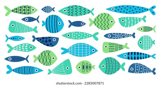 Hand drawn abstract fish with colorful pattern flat icons set. Ornaments on marine creature. Decorative retro design. Color isolated illustrations