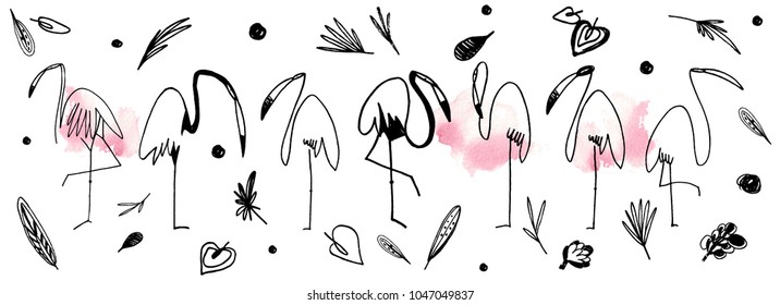 hand drawn abstract flamingo pattern. beautiful flamingo ink design. modern line drawing. flamingo set. cartoon bird character. isolated on white background. exotic bird in different poses.