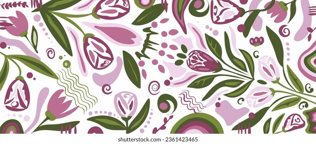 Hand drawn abstract floral background with pink flowers and green leaves. Floral ethnic ornament in folk style. Background for decor, wallpaper, cards and presentations.