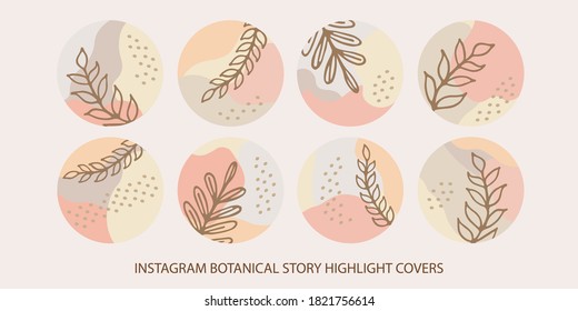 Hand drawn abstract floral botanical vector set of Instagram story highlight covers, icons with with shapes, herbs, plants and dots in trendy pastel colors.