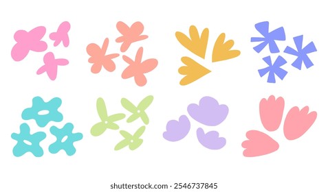 Hand drawn abstract floral clusters. A collection of eight unique abstract floral shapes with no outlines, perfect for patterns, creative designs, and decorative uses