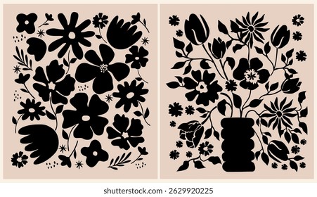 Hand drawn abstract floral compositions with botanical elements, flowers, and leaves in vector format. Elegant design isolated on neutral beige background, perfect for modern projects.