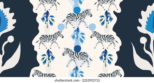 Hand drawn abstract floral ethnical style pattern with zebras. Collage contemporary print. Fashionable template for design.