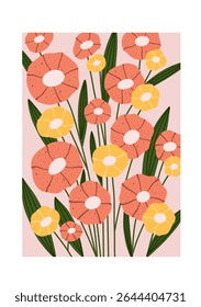 Hand drawn abstract floral illustration with warm orange and yellow tones.