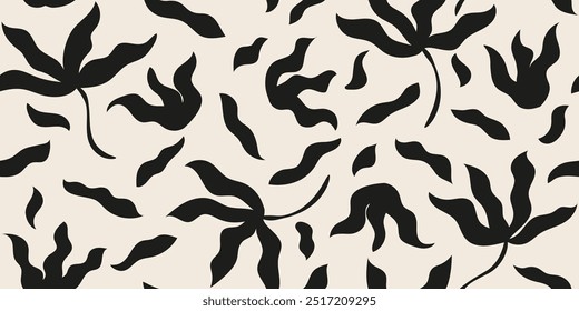 Hand drawn abstract floral leaf seamless pattern, silhouette of fallen leaves. Design for textile, fabric, wallpaper, covers, cards, wall art, posters and decoration.