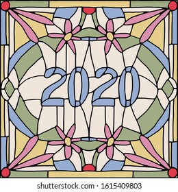 Hand drawn abstract floral pattern 2020 in stained glass window style. Vector illustration, perfect design for cards, planners, journals, coloring pages.