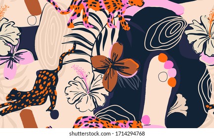 Hand drawn abstract floral pattern with leopards. Creative collage contemporary seamless pattern. Natural colors. Fashionable template for design.