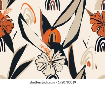 Hand drawn abstract floral pattern. Creative collage contemporary seamless pattern. Natural colors. Fashionable template for design.
