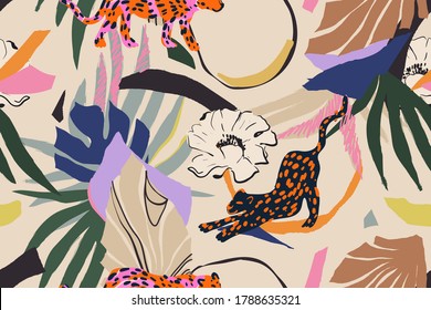 Hand drawn abstract floral pattern with leopards. Creative collage contemporary seamless pattern. Natural colors. Fashionable template for design.