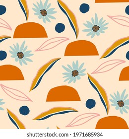Hand drawn abstract floral pattern. Creative retro contemporary seamless pattern in bright colors. Fashionable print for textile, wallpaper, stationery