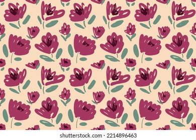 Hand drawn abstract floral pattern. Botanical seamless background design with blooming garden flowers. Vector illustration for wrapping paper, wallpaper, fabric print, interior decor
