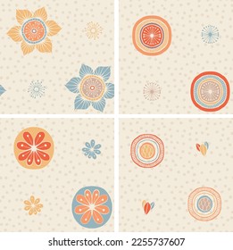Hand Drawn Abstract floral patterns, Vector Seamless patterns with polka dots background For fabrics, clothing, decoration, home decor, cards and templates, wrapping paper, kids prints.