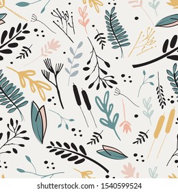 Hand drawn abstract floral seamless pattern illustration with leaves, flowers, herbs. Wild flowers illustration. Pattern for fashion, fabric, texture, print, wedding invitation. - Vector
