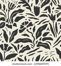 Hand drawn abstract floral seamless pattern. Collection with tropical leaves in dark color on a light background. Includes doodle elements.