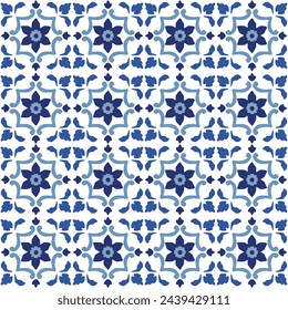 Hand drawn abstract floral seamless pattern. Poruguese Azulejo tile design. Print vector for rug, carpet, shawl. Decor of towel, textile, yoga mat. Traditional ornament. Blue daffodil flower, paisley.