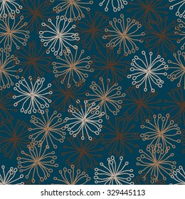 Hand drawn abstract floral seamless vector pattern with clipping mask on blue background.