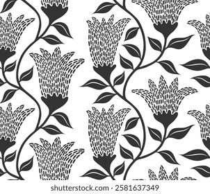 Hand drawn abstract floral texture seamless pattern with dotted style. flower and leaves background.