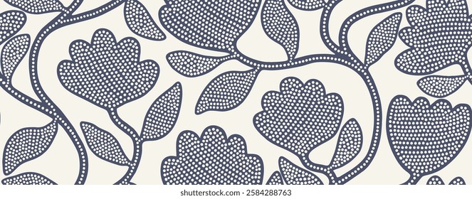 Hand drawn abstract floral texture seamless pattern with dotted style. flower and leaves background.