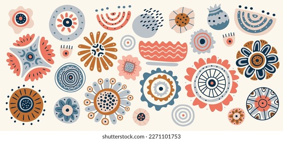 Hand drawn abstract flower circles flat icons set. Drawing floral design ornaments. Botanical creative painting. Decorative elements. Color isolated illustrations