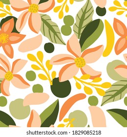 Hand drawn abstract flower pattern. Creative collage contemporary seamless pattern. Natural and trendy colors. Fashionable template for design.