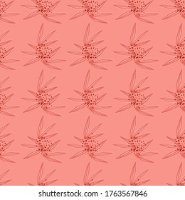 Patrón de flores abstractas dibujado a mano sin costura sobre fondo rojo. Papel de paredes sin fin de hoja creativa. Fondo decorativo para el diseño de tejidos, impresión textil, envoltura, cubierta. Ilustración vectorial.