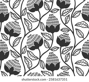 Hand drawn abstract flower texture seamless pattern with dotted style. floral and leaves background.