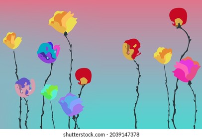 hand drawn abstract flowers beautiful color and pink blue background