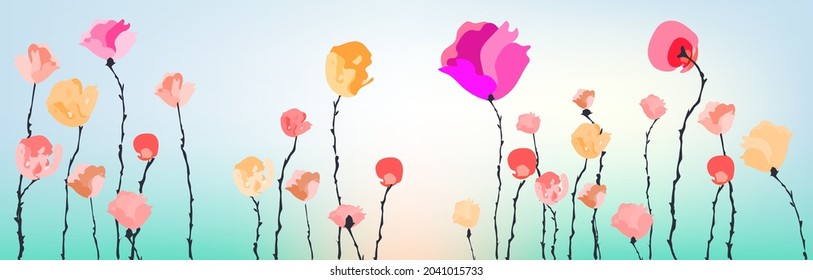 hand drawn abstract flowers beautiful color and green background