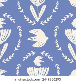 Hand drawn abstract flowers and birds pattern. Collage contemporary print. Ethnic style.