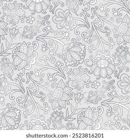 Flores abstratas desenhadas à mão, rabiscar, branco e cinza cores. Padrão floral contínuo-426.