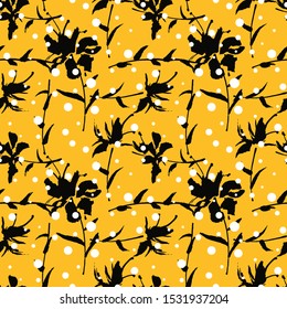 Hand Drawn Abstract Flowers and Polka Dots Seamless Vector Pattern Isolated Background